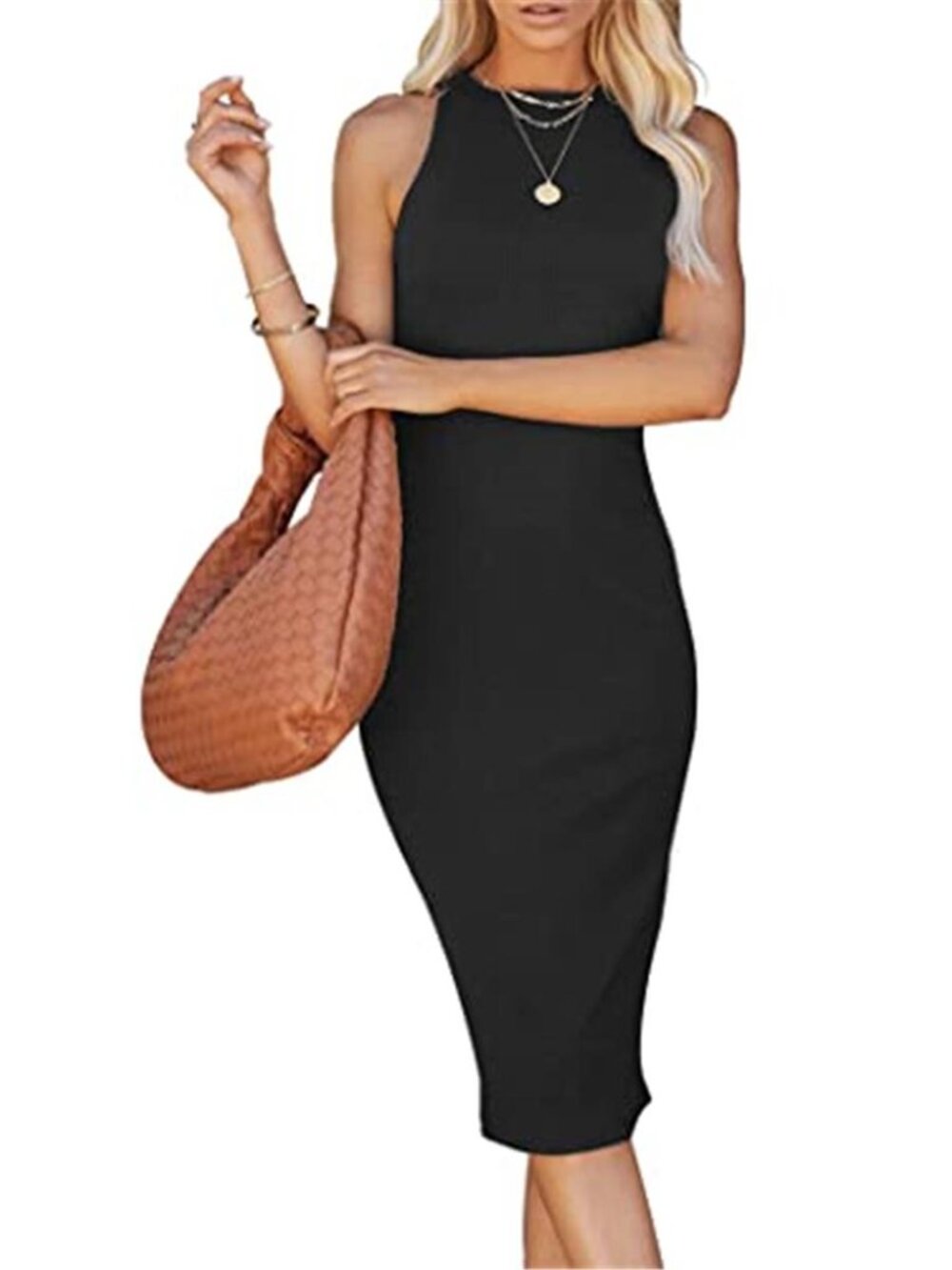 Womens Bodycon Midi Dress Ribbed Tank Dress Sleeveless Fitted Summer Dress